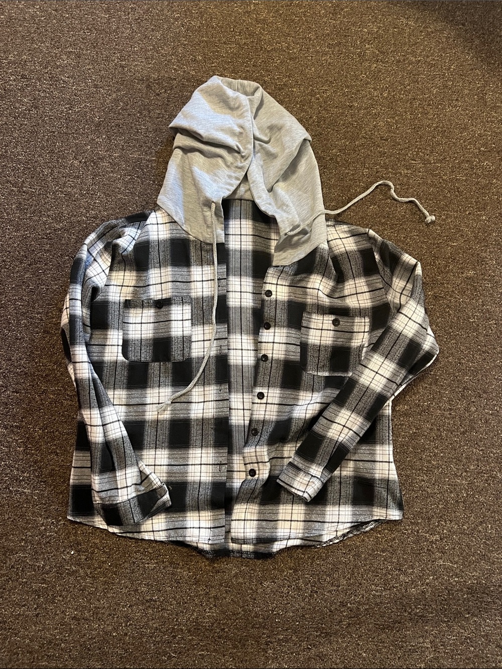 Black and White Plaid Hooded Button-Up Shirt
